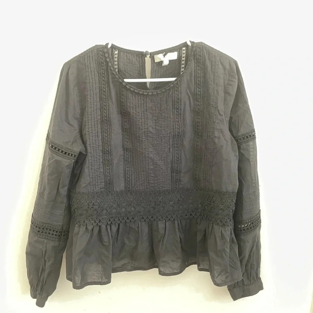 Anthropologie Eri + Ali Black Peplum Blouse S Lace Boho Feminine Dark Romantic